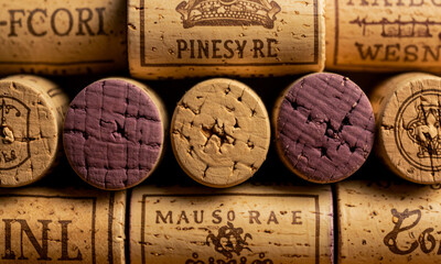 Macro Shot of Wine Corks with Winery Branding

