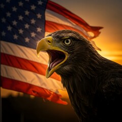 Bald eagle with American flag at sunset, majestic and powerful