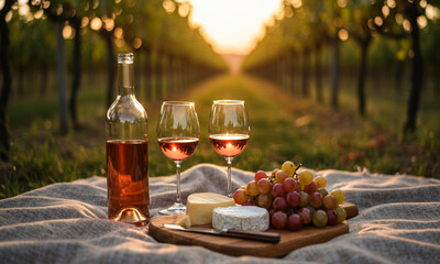 Golden Hour Picnic with Wine and Grapes
