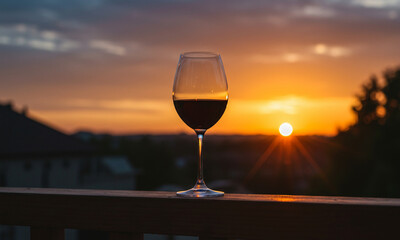 Sunset Reflection in Wine Glass on Terrace

