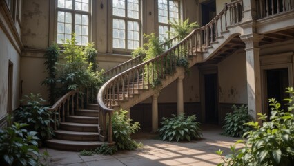 Grand Staircase with Indoor Plants in Historic Building, Natural Light, Architecture