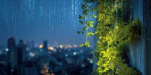 Green Wall at Night with City Lights and Binary Code Overlay