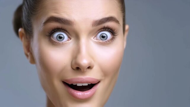 Woman shifting emotional states, expressing sudden shock through wide open eyes and gaping mouth. Powerful nonverbal communication capturing authentic human response