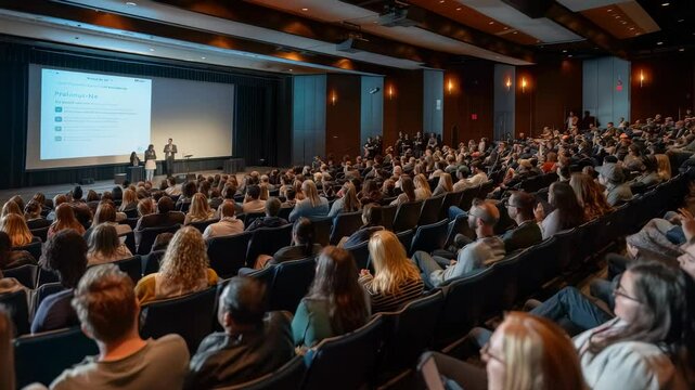 A large crowd of people is gathered in a theater, watching a presentation on a big screen. The room is full of attendees, focused on the speakers on stage. The audience engaged.