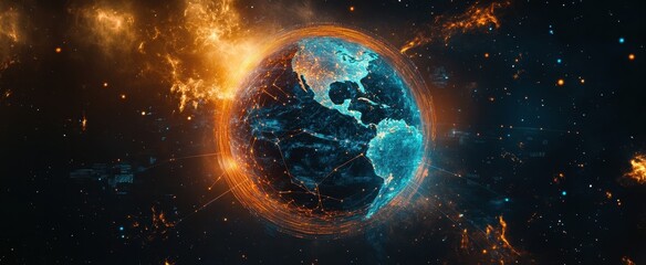 Obraz premium A stunning digital artwork of a fiery, molten Earth in space, with a fiery cloud background and blue swirls around the planet