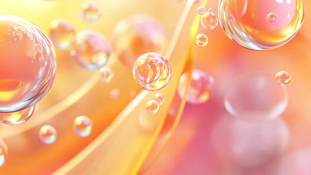 Abstract, vibrant, fluid, pink, and orange bubbles.