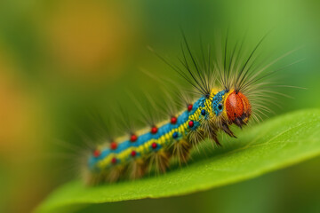 Vibrant Caterpillar on Leaf: A colorful caterpillar, adorned with intricate patterns and textures, rests gracefully on a green leaf, offering a captivating close-up view.