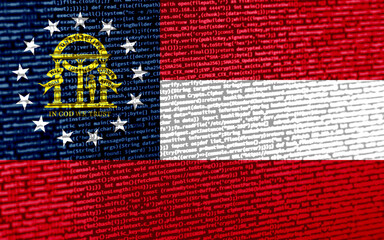 Flag of the State of Georgia over digital code. Concept of cybersecurity, innovation, and digital infrastructure in the State of Georgia. Modern tech development trends in the State of Georgia. Progr