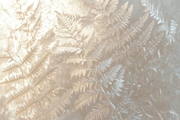 Intricate frost patterns resembling fern leaves on a window pane, illuminated by soft sunlight.