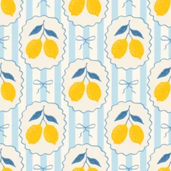 Gardinen Küche Muster  Vintage seamless pattern with lemons in whimsical frames, bows and stripe. Summer mediterranean coastal print. Italian vacation vibe. Vector hand drawn illustration for fabric, wrapping paper.  © Anna Bova