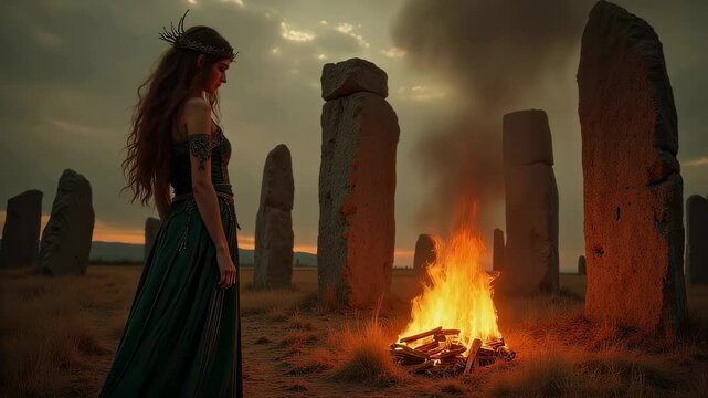Celtic Goddess Brigid Surrounded by Sacred Flames and Ancient Standing Stones

