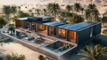 Desert oasis Modern house with pool blends into the sandy landscape, resort style