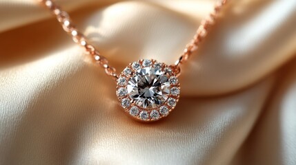 Fototapeta premium A delicate rose gold necklace featuring a small, round pendant adorned with diamonds