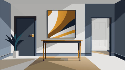 A sleek and modern entryway with white walls and a polished concrete floor brought to life with a metallic console table and a bold abstract painting in shades of gold and white.
