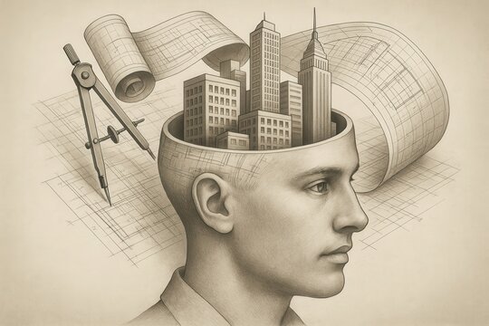 Creative mind represents urban architecture with buildings emerging from thoughts at dawn