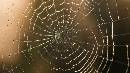 Dew-covered spider web glistening in soft sunlight  