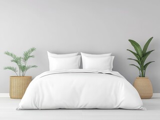 Modern bedroom interior.  White bedding, plants
