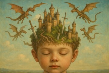 Imagination blossoms as a child dreams of dragons and castles in a whimsical landscape filled with adventure and magic