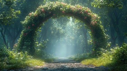 Enchanting floral archway in lush forest nature scene serene environment dreamy viewpoint