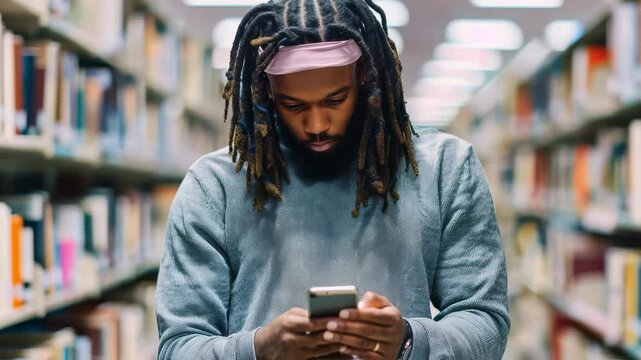 A person with dreadlocks, wearing a casual sweater, is absorbed in their phone while standing in a library. Rows of books blur in the background, suggesting a quiet, academic setting.