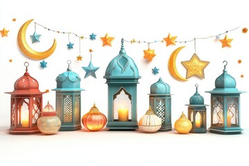 Obraz premium Decorative lanterns and crescent moon adorn the table for a festive celebration during the evening in a traditional setting