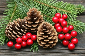 Christmas decorations on a wooden surface, featuring pine cones, red berries, and evergreen sprigs