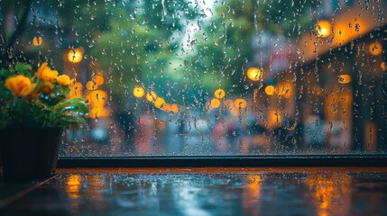 Rainy Window View with Yellow Flowers and Street Lights
