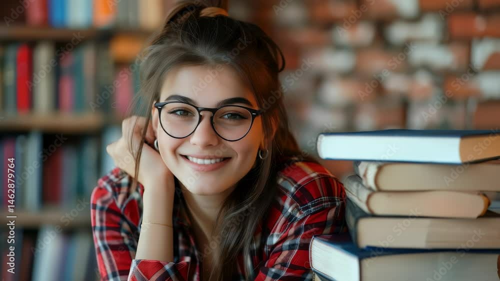 Aufkleber a young woman with glasses and a red plaid shirt smiles warmly at the viewer. she's leaning on a sta