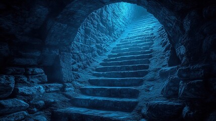 Exploring ancient underground staircase abandoned cave digital art mystical environment dark perspective