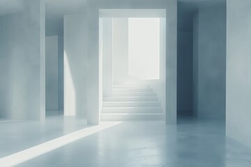 Empty, light-filled modern interior with concrete floors and walls, featuring a stairway leading to a bright doorway