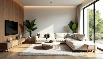 Modern minimalist living room, sleek lines, natural light, window, modern