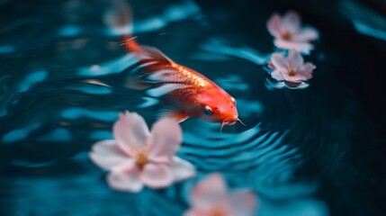 Serene waters, A golden koi dances amidst floating cherry blossoms