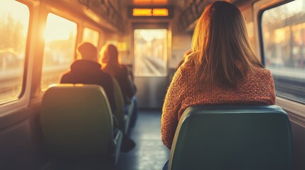 Woman on Commuter Train, Enjoying Golden Hour Sunset, Traveling Home on Public Transport