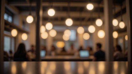 Blurred Cafe Interior with Bokeh Lights: Cozy Workspace Ambience for Remote Work, Coffee Shop Setting, Modern Coworking Space Background