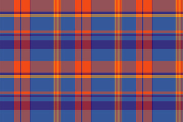 Seamless plaid pattern with blue, orange and purple stripes. Useful for backgrounds, textiles, packaging, or adding a retro touch. Versatile graphic asset.