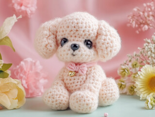 Adorable crochet poodle puppy sitting amidst flowers