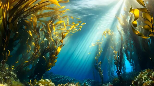 Underwater kelp forest sunlight perspective