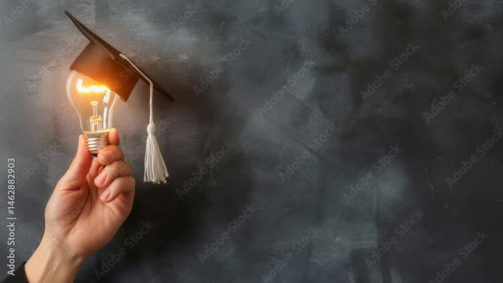 Poster this image shows a hand holding a lit light bulb with a graduation cap on top, against a dark, mottl