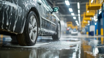 A car is being washed in a car wash. The car is covered in foam and water. The car wash is a large building with a lot of lights