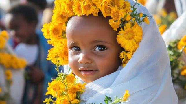 Ethiopian baby with adey abeba flowers for meskel festival.
