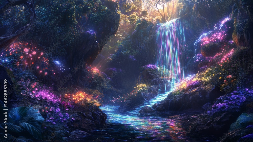 Wall mural a hidden valley where the flora and fauna are entirely made of light and people communicate through 