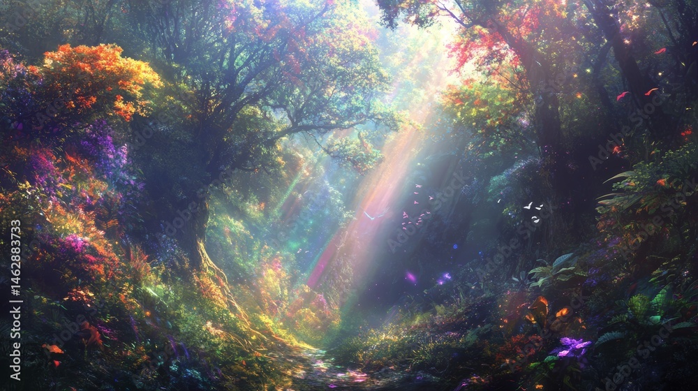 Wall mural a hidden valley where the flora and fauna are entirely made of light and people communicate through 