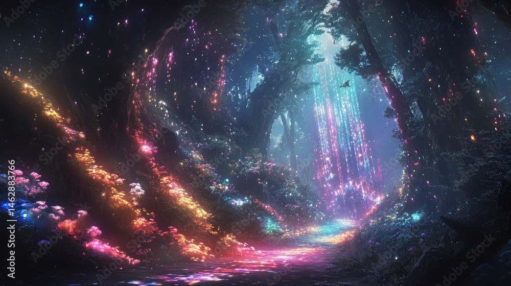 Wall mural a hidden valley where the flora and fauna are entirely made of light and people communicate through 