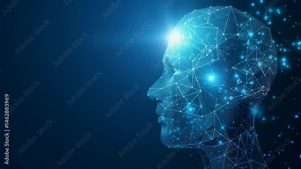 Poster abstract digital human head made of glowing nodes and connecting lines. it represents the concept of