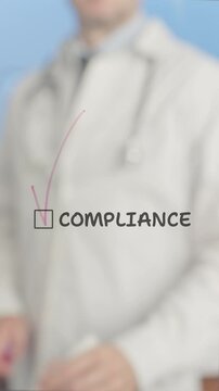 Medical professional wearing white lab coat and stethoscope verifying compliance checkbox on transparent board, standing against blue background with professional demeanor