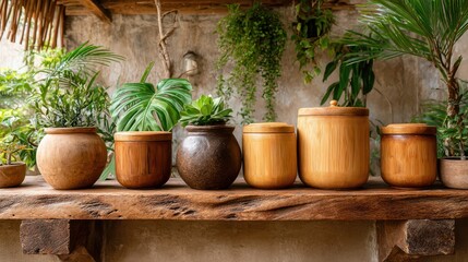 Fototapeta premium Wooden bamboo containers with lids concept. Traditional clay pots arranged on a wooden shelf, surrounded by greenery.