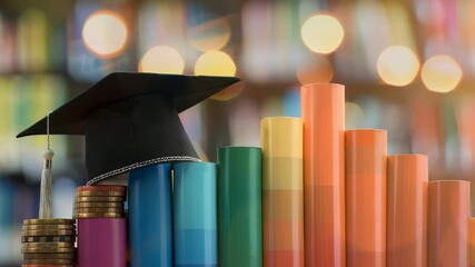 A graduation cap sits atop a stack of coins alongside an ascending chart made of colorful cylinders, symbolizing the investment and growth associated with education. - Powered by Adobe