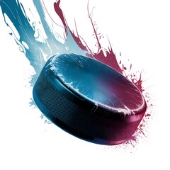 A digital illustration of a hockey puck. The puck displays a dynamic swirl of icy blue and deep crimson paint splatters