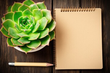 Succulent plant in a white pot beside a spiral-bound notebook on a dark wooden surface with a pencil
