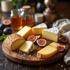 A wooden cheese board with artisanal aged cheese selection, figs, and honey.